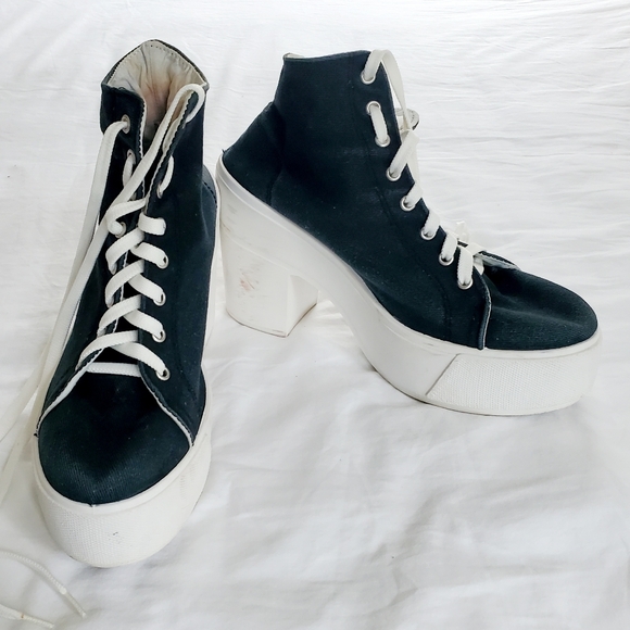 Coway Shoes - Vintage Washed Black Canvas Platform Lace-ups Made In Italy 39